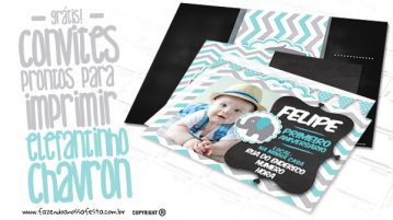 Convite Elefantinho Chevron Cinza e Azul Turquesa Convite Elefantinho Chevron Cinza e Azul Turquesa Modelo