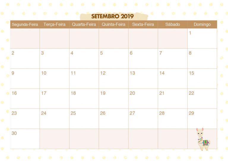 Calendario Mensal Lhama Amarela Setembro 2019 Fazendo A Nossa Festa