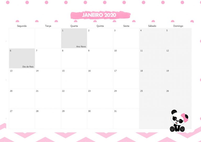 Calendario Mensal Panda Rosa Janeiro Fazendo A Nossa Festa