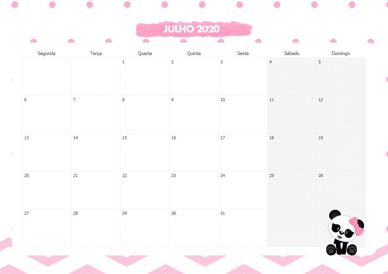 Calendario Mensal Panda Rosa Julho 2020 Fazendo A Nossa Festa