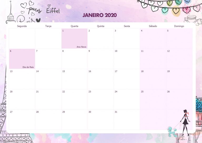 Calendario Mensal Paris Janeiro Fazendo A Nossa Festa