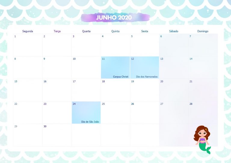 Calendario Mensal Sereia Junho Fazendo A Nossa Festa