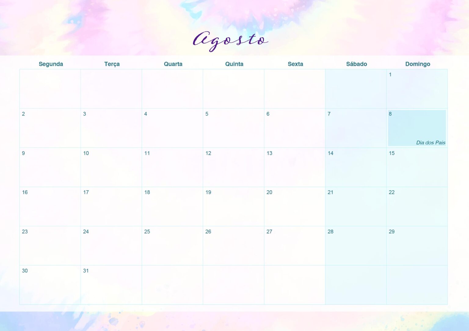 Calendario Mensal 2021 Agosto Tie Dye Fazendo A Nossa Festa