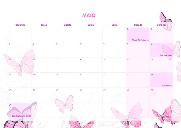 Calendario Mensal Borboleta Maio Fazendo A Nossa Festa