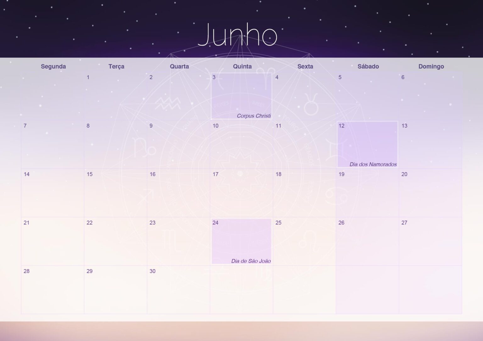 Calendario Mensal 2021 Junho Zodiaco Fazendo A Nossa Festa