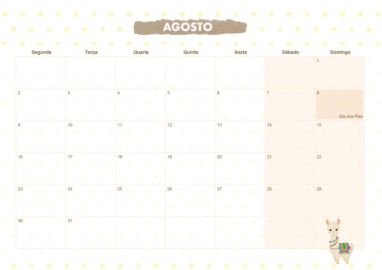 Calendario Mensal Lhama Amarela Agosto Fazendo A Nossa Festa