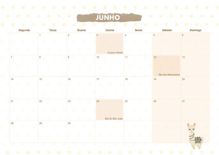 Calendario Mensal Lhama Amarela Junho Fazendo A Nossa Festa