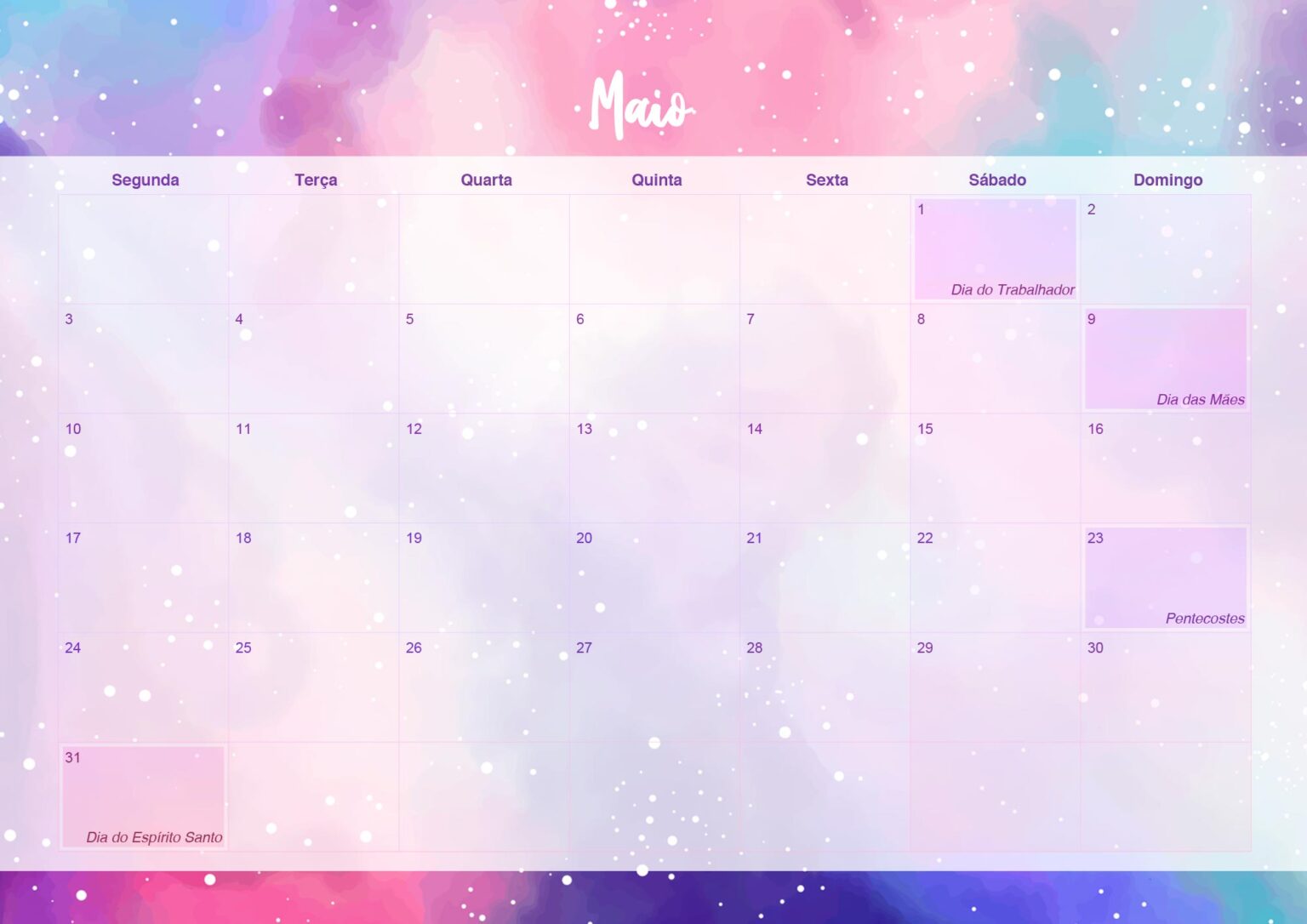 Calendario Mensal Maio Colorido Fazendo A Nossa Festa