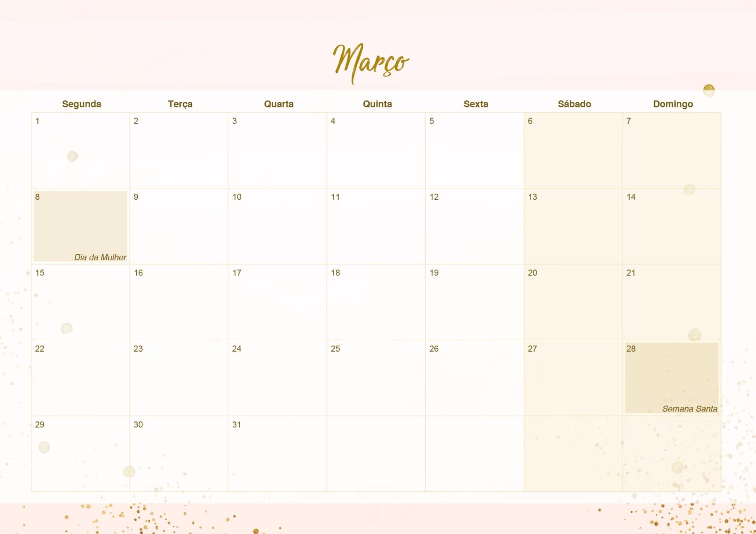 Calendario Mensal Marco Rose Gold Fazendo A Nossa Festa