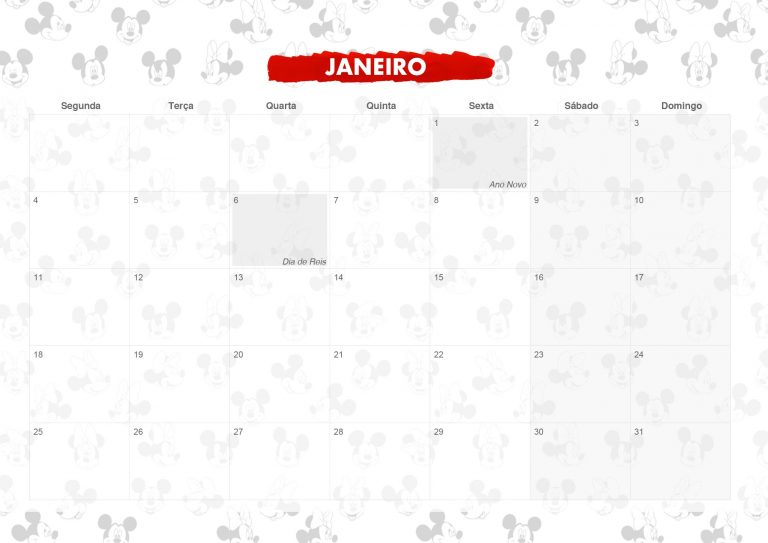 Calendario Mensal Mickey E Minnie Janeiro Fazendo A Nossa Festa