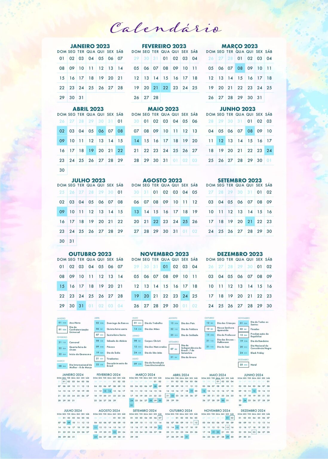 Calendario Planner Tie Dye Fazendo A Nossa Festa