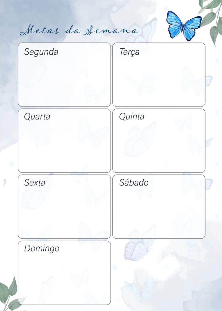Planner Borboletas Azuis Metas Da Semana Fazendo A Nossa Festa