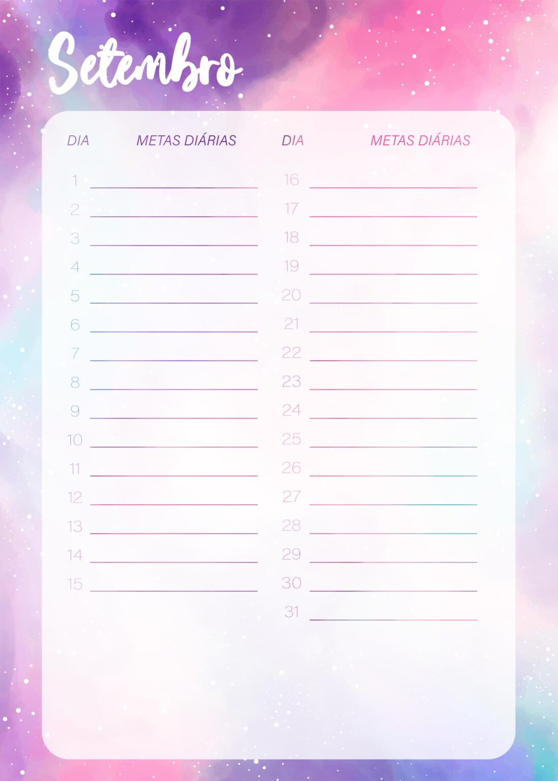 Planner Colorido Metas Diarias Setembro Fazendo A Nossa Festa