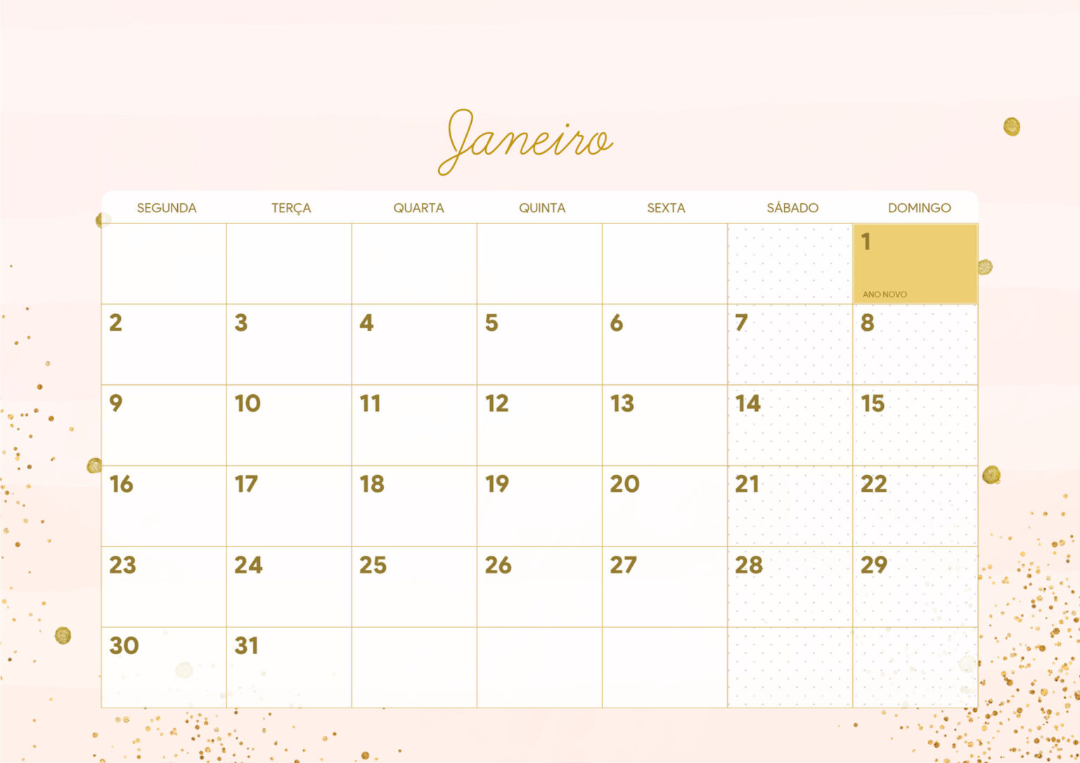 Calendario Rose Gold Janeiro Fazendo A Nossa Festa