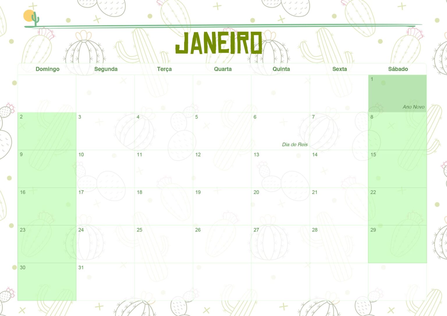 Calendario Mensal Cactos Janeiro Fazendo A Nossa Festa