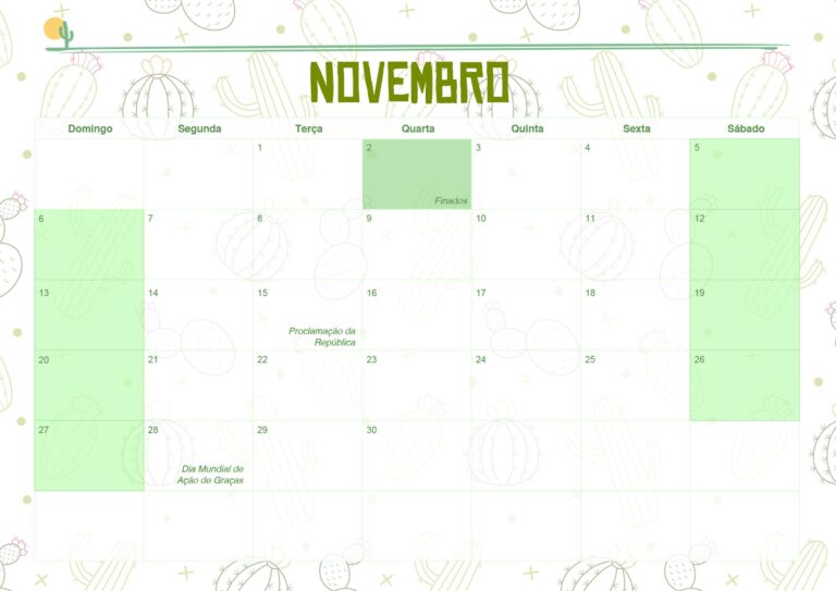 Calendario Mensal 2022 Cactos Novembro Fazendo A Nossa Festa