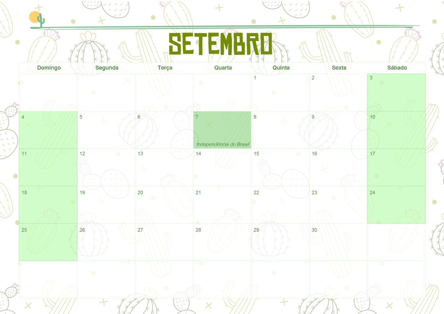 Calendario Mensal Cactos Setembro Fazendo A Nossa Festa