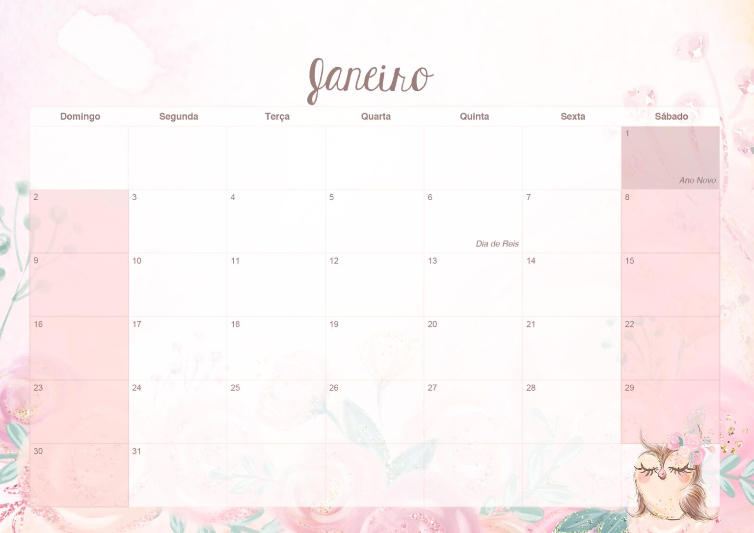 Calendario Mensal Coruja Janeiro Fazendo A Nossa Festa