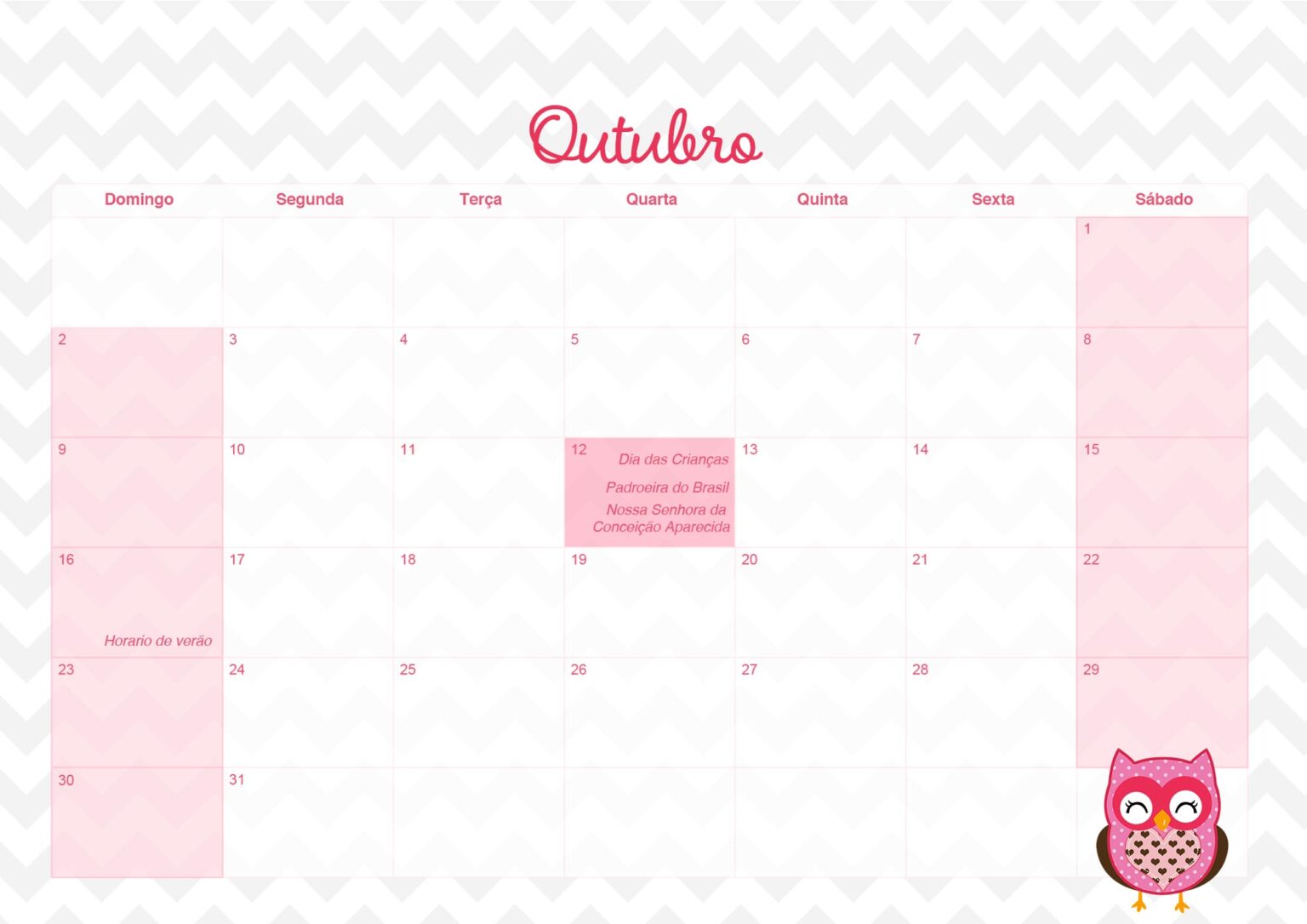 Calendario Mensal Coruja Rosa Outubro Fazendo A Nossa Festa