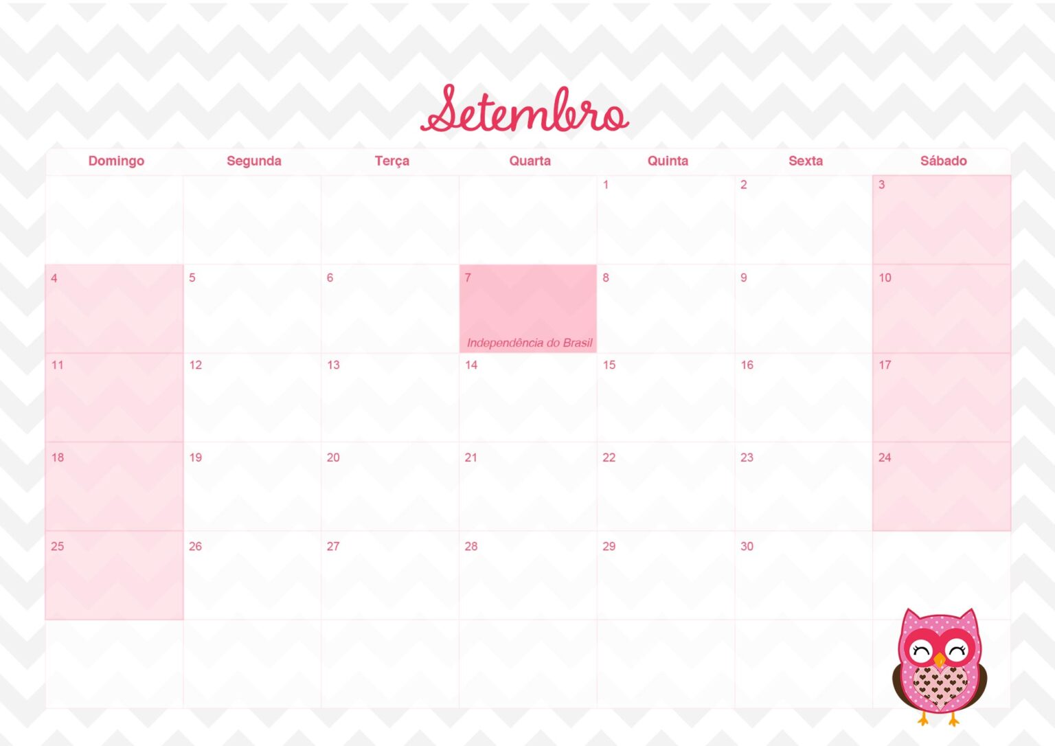 Calendario Mensal Coruja Rosa Setembro Fazendo A Nossa Festa