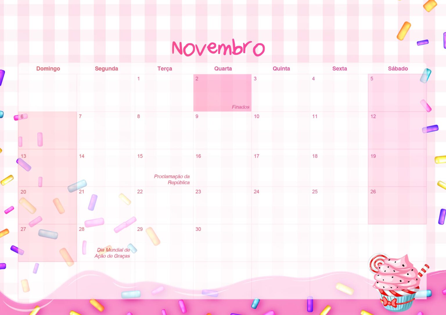 Calendario Mensal 2022 Cupcake Novembro Fazendo A Nossa Festa