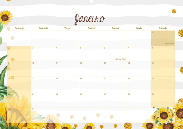 Calendario Mensal Girassol Janeiro Fazendo A Nossa Festa