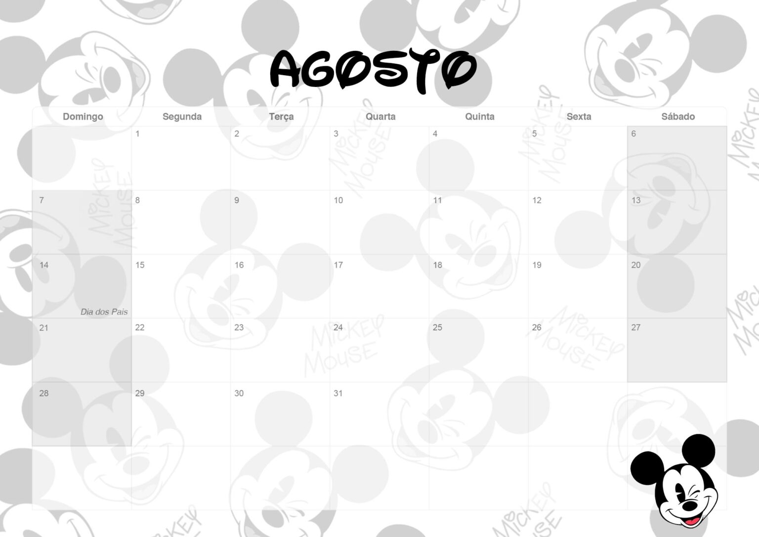 Calendario Mensal Mickey Agosto Fazendo A Nossa Festa