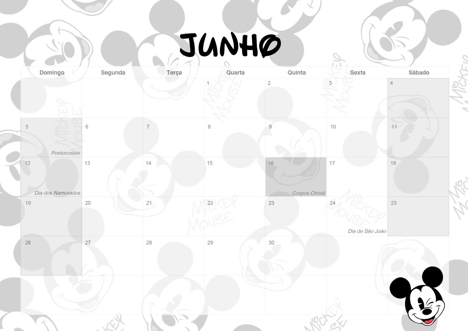 Calendario Mensal Mickey Junho Fazendo A Nossa Festa