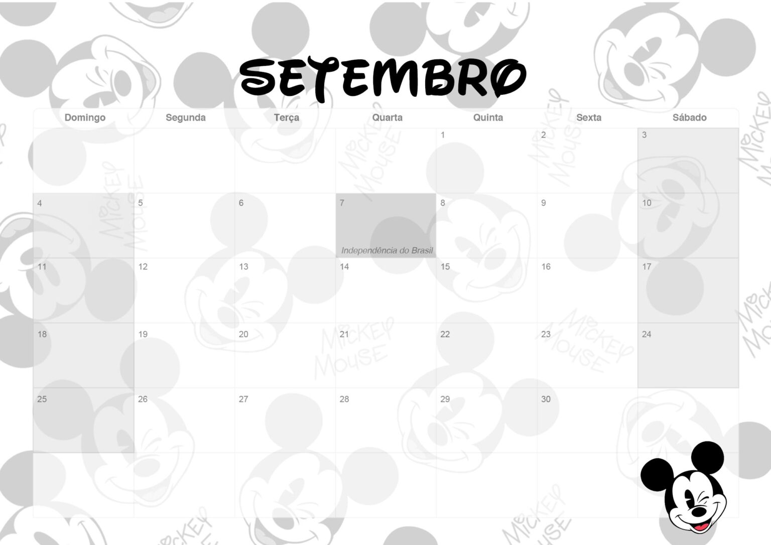 Calendario Mensal Mickey Setembro Fazendo A Nossa Festa