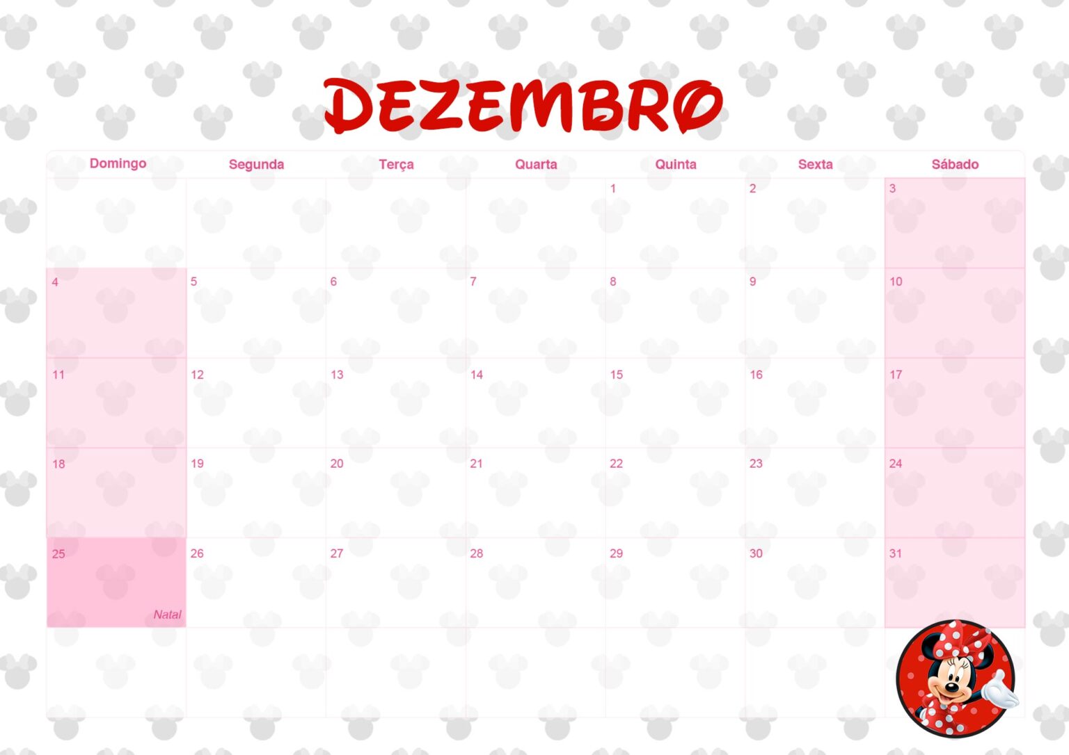 Calendario Mensal 2022 Minnie Vermelha Dezembro Fazendo A Nossa Festa