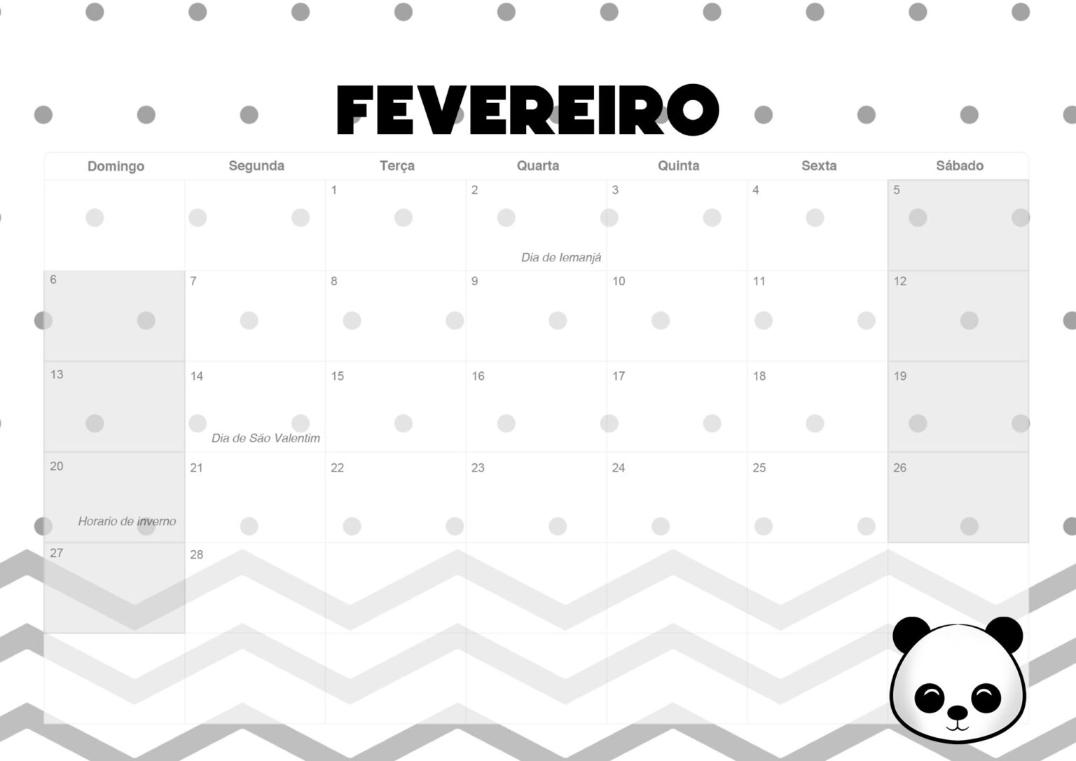 Calendario Mensal Panda Fevereiro Fazendo A Nossa Festa