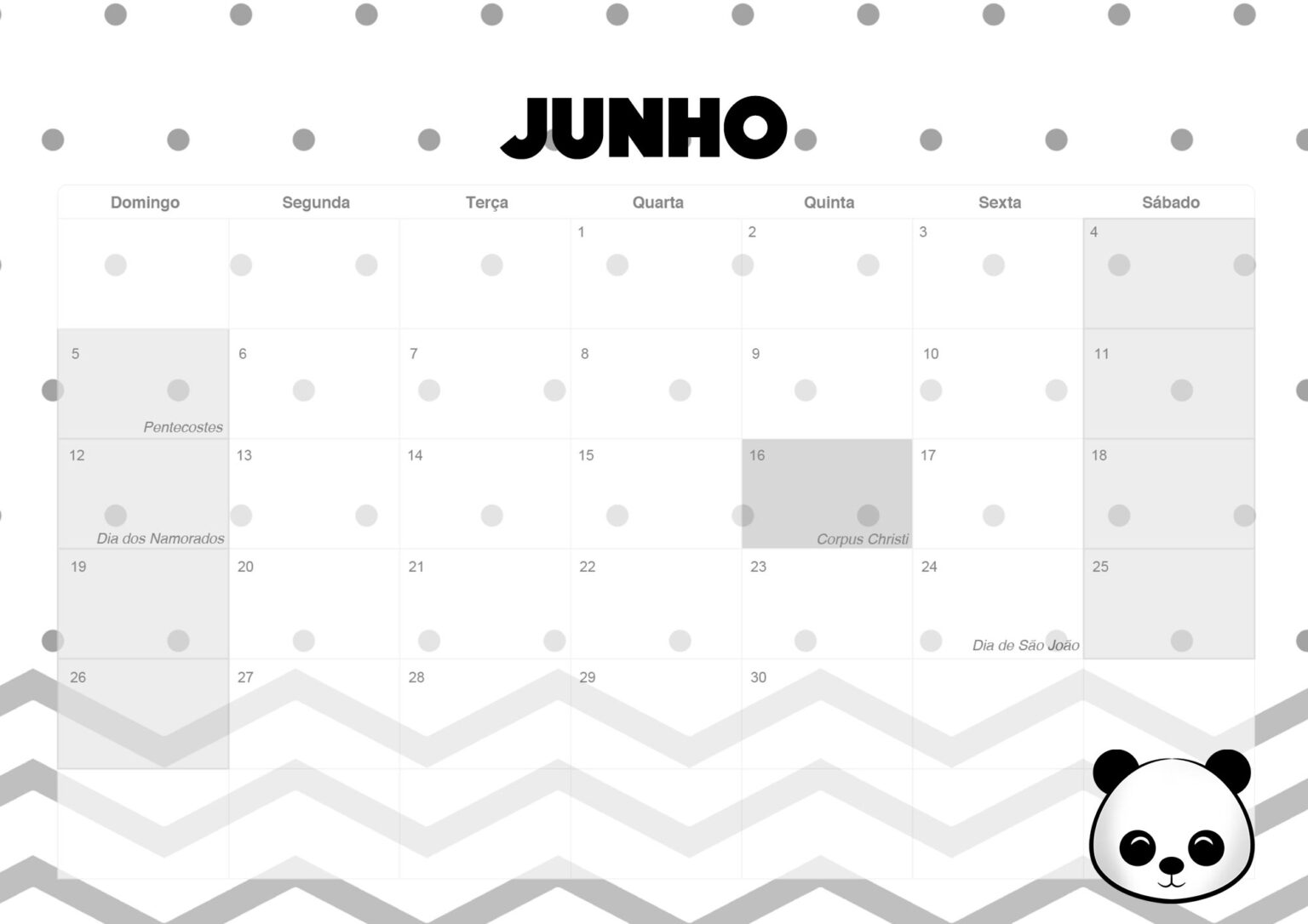 Calendario Mensal Panda Junho Fazendo A Nossa Festa