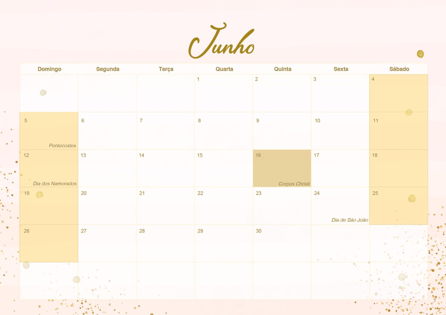 Calendario Mensal Rose Gold Junho Fazendo A Nossa Festa