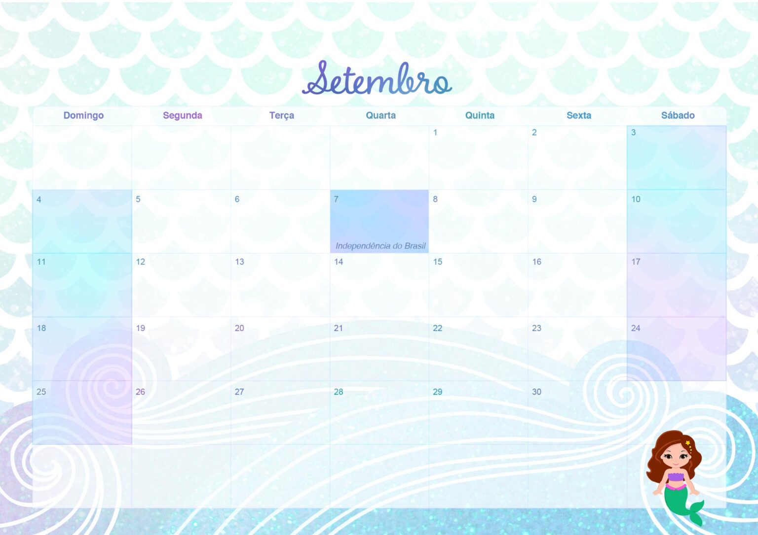 Calendario Mensal 2022 Sereia Setembro Fazendo A Nossa Festa