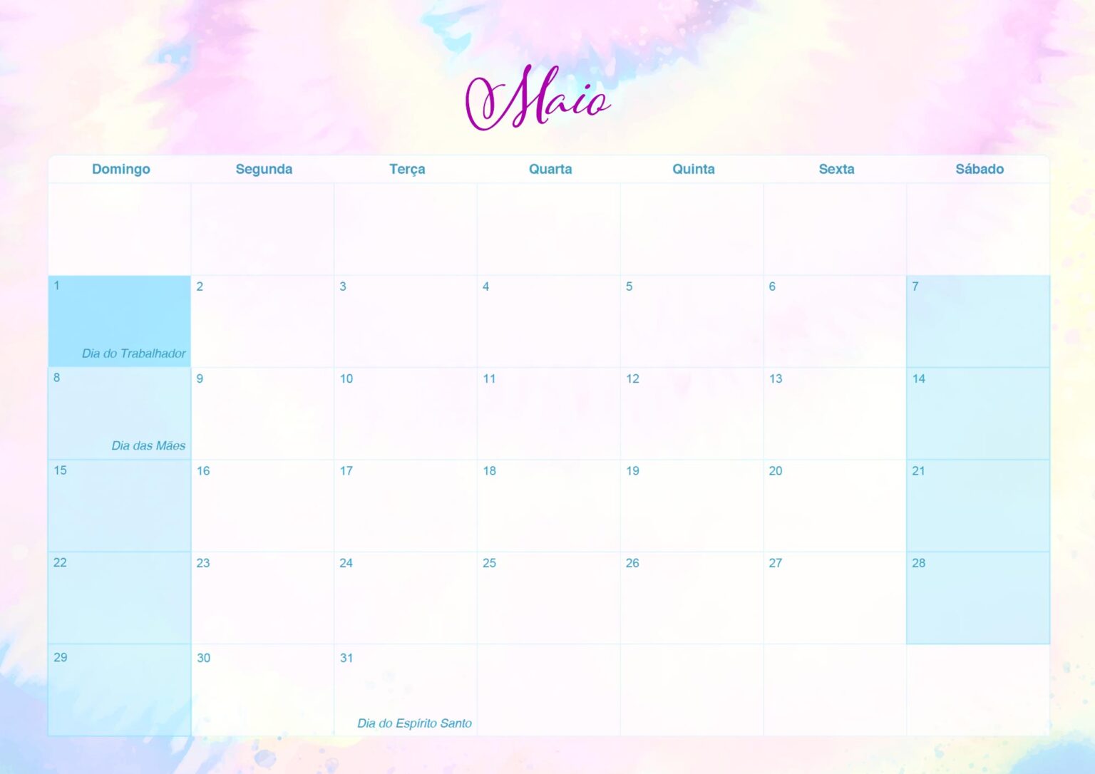 Calendario Mensal Tie Dye Maio Fazendo A Nossa Festa