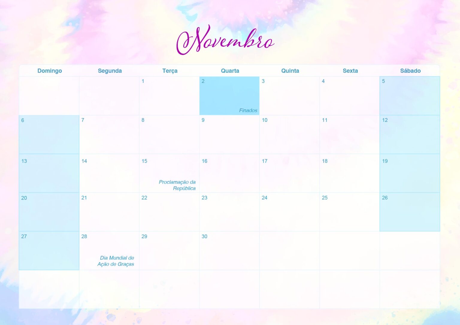 Calendario Mensal Tie Dye Novembro Fazendo A Nossa Festa