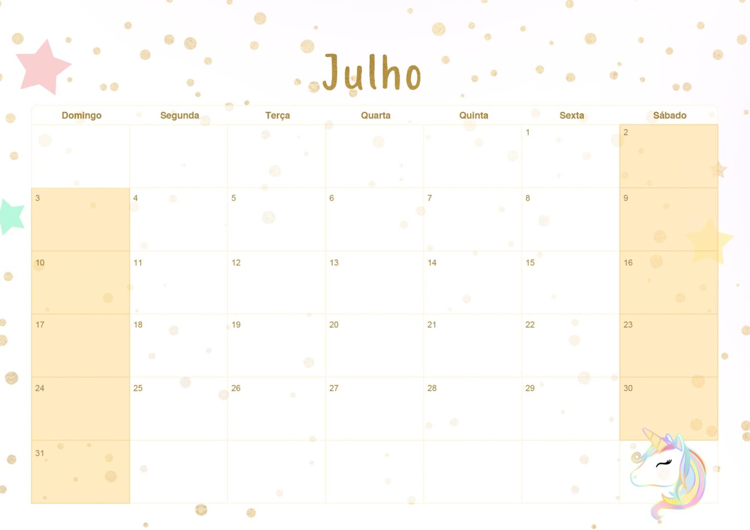 Calendario Mensal Unicornio Dourado Julho Fazendo A Nossa Festa