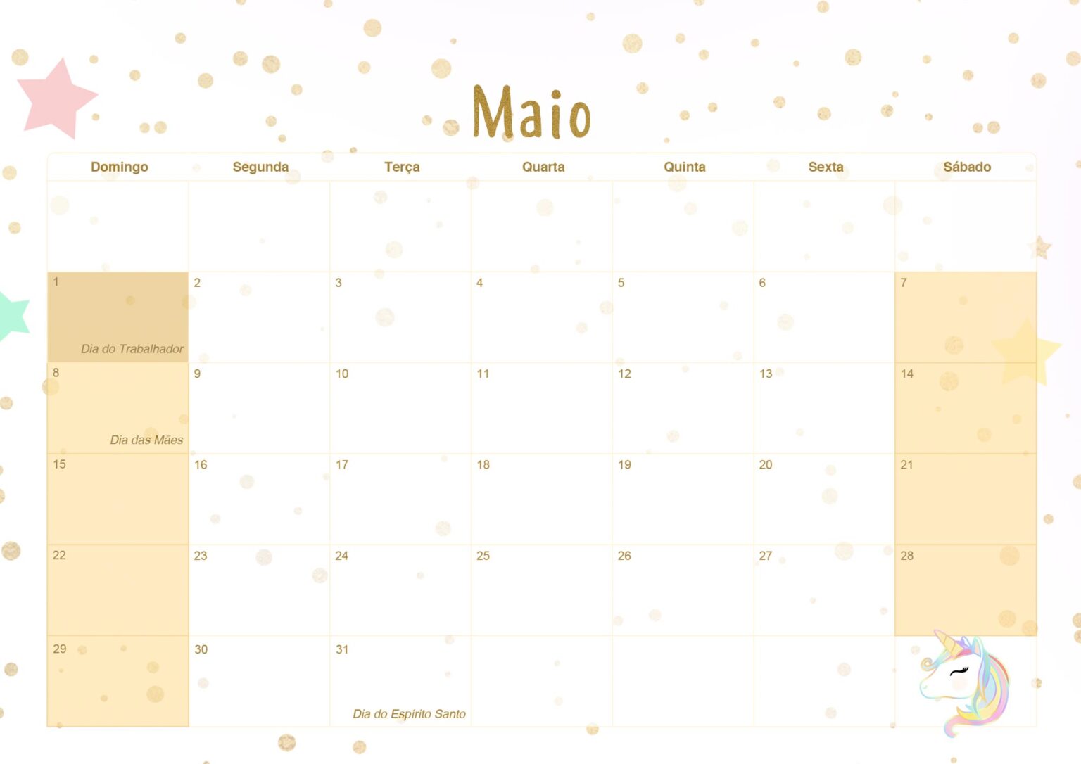 Calendario Mensal Unicornio Dourado Maio Fazendo A Nossa Festa