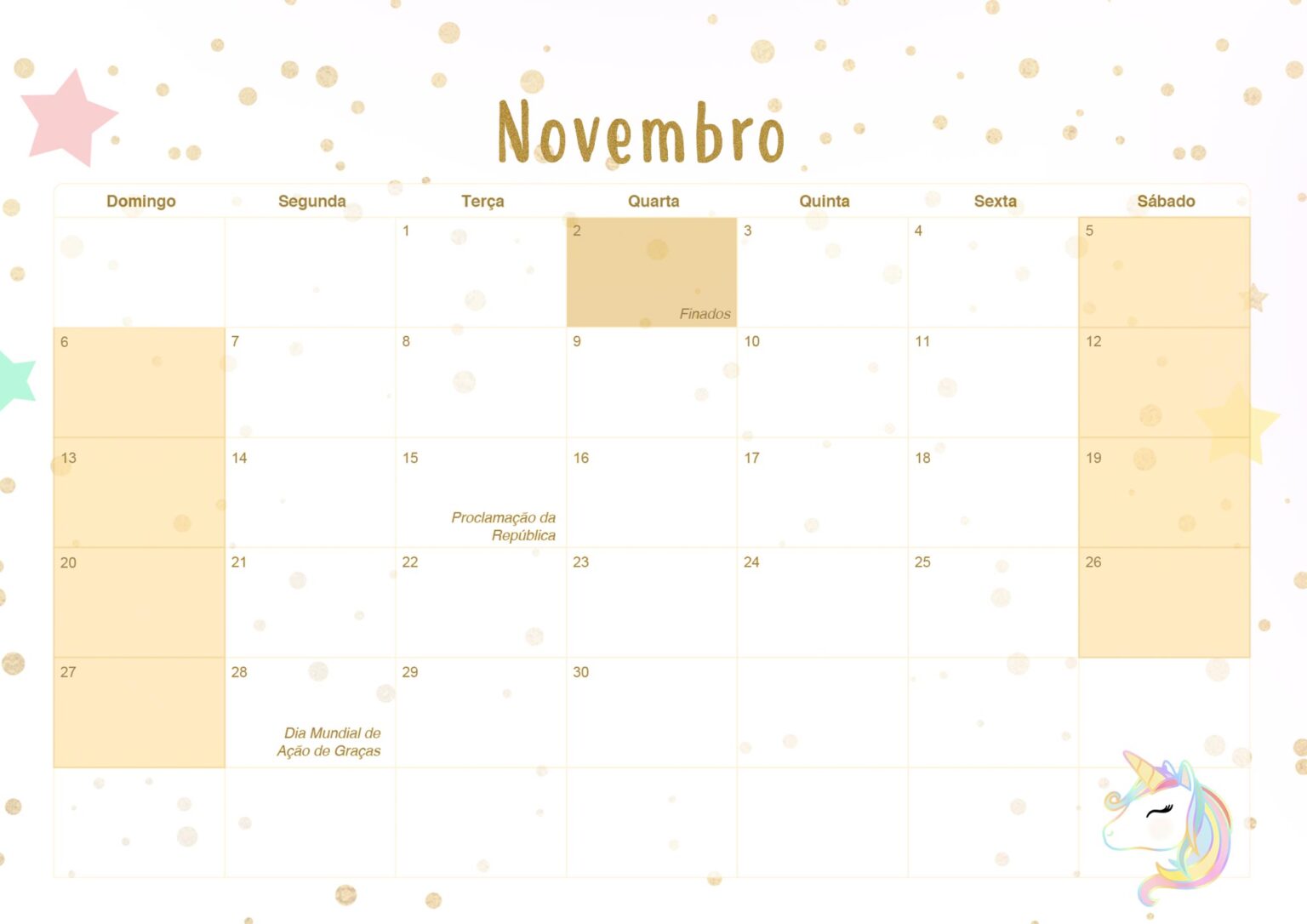 Calendario Mensal Unicornio Dourado Novembro Fazendo A Nossa Festa