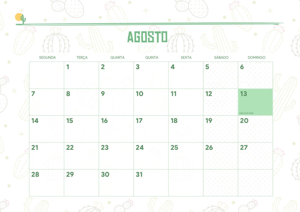 Calendario Mensal Cactos Agosto Fazendo A Nossa Festa