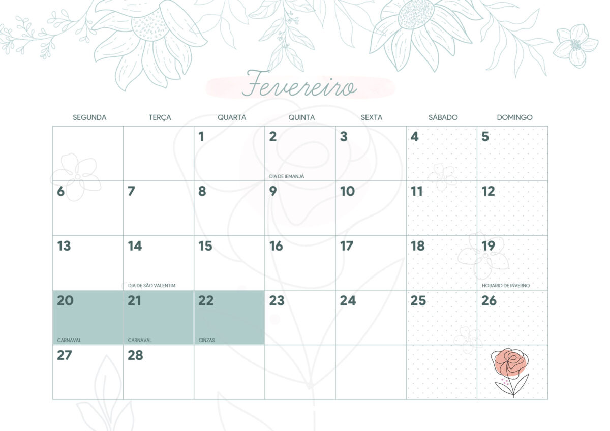 Calendario Mensal Flores Aquarela Fevereiro Fazendo A Nossa Festa