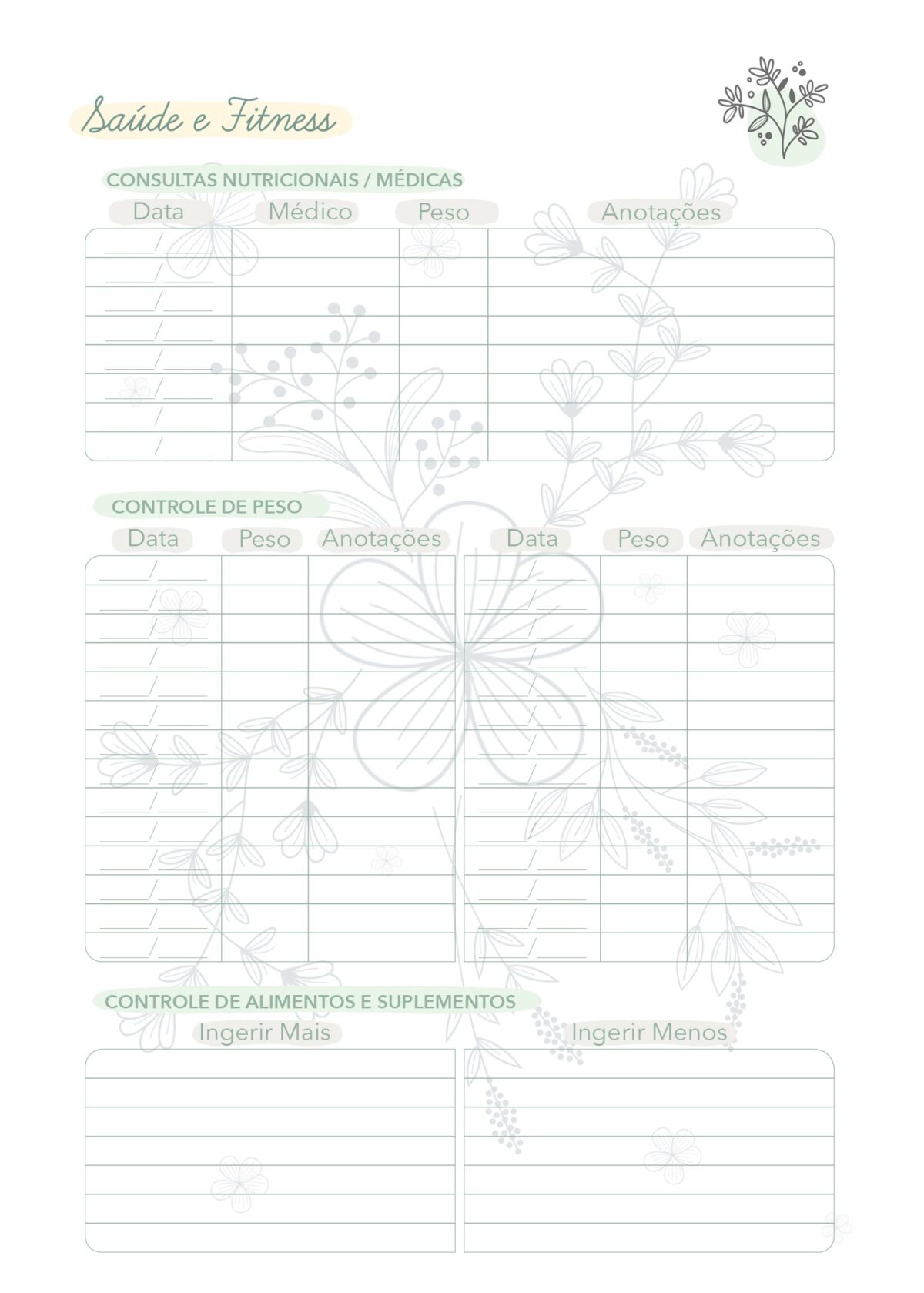 Planner Flores Delicadas Saude E Fitness Fazendo A Nossa Festa