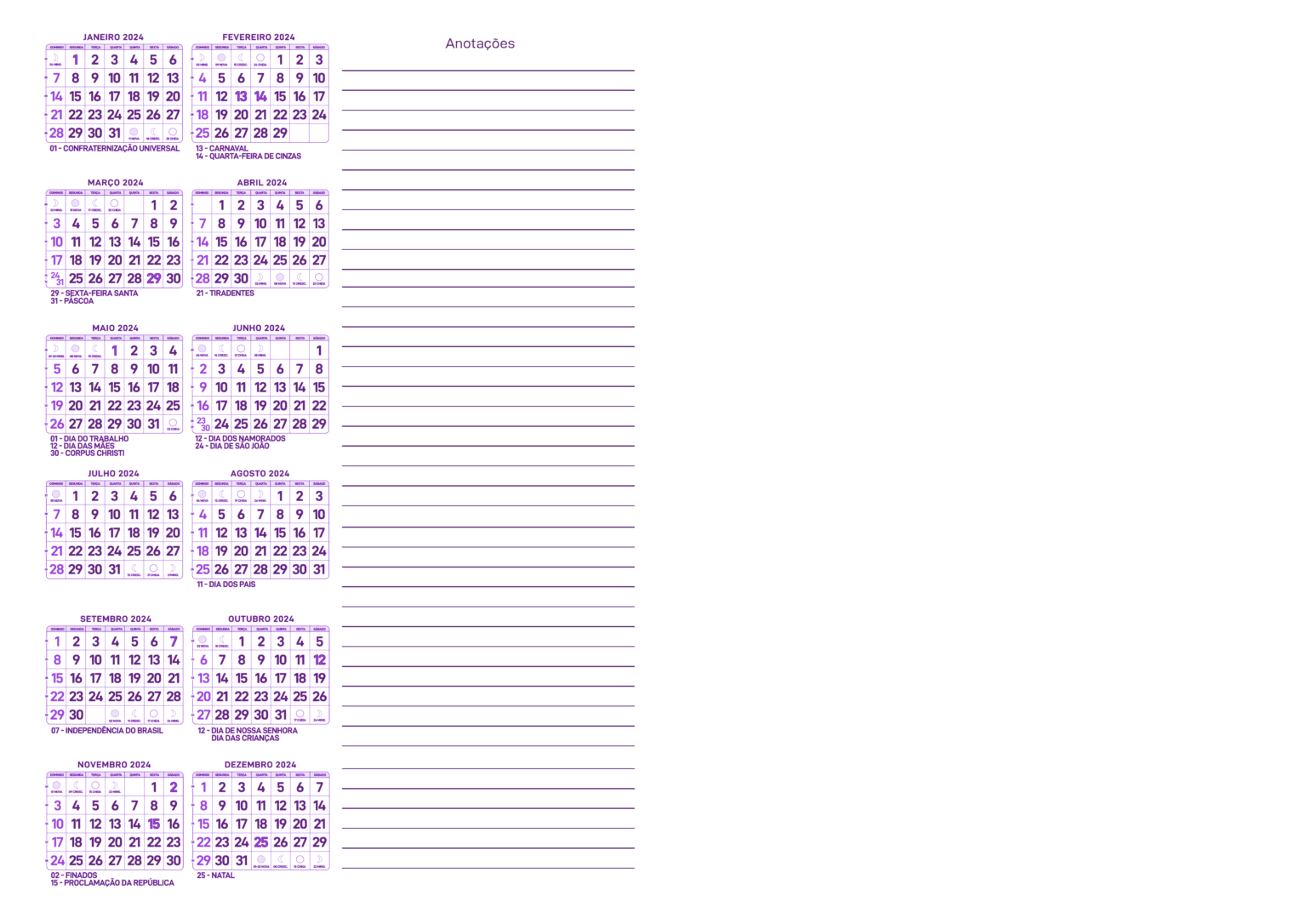 Calendario 2024 Sem Fundo Meia Pagina Roxo Fazendo A Nossa Festa