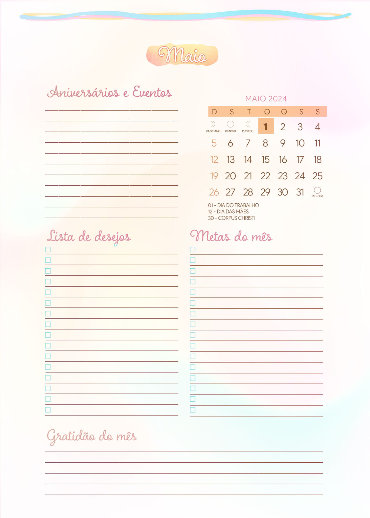 Agenda Maio Planner 2024 ColorFull Fazendo A Nossa Festa