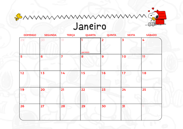 Janeiro Calendario Mensal Snoopy Fazendo A Nossa Festa