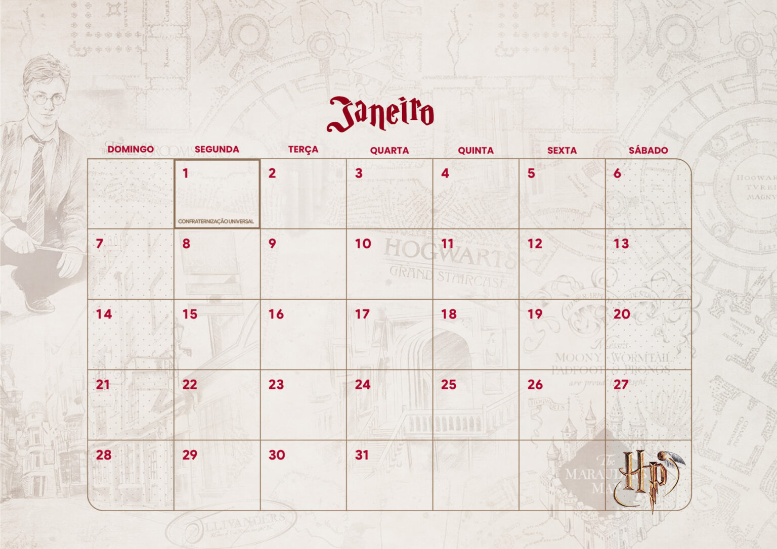 Calendário Mensal Harry Potter Janeiro Fazendo a Nossa Festa