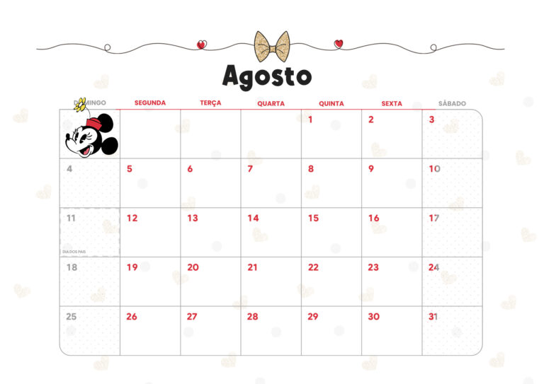 Calendário Mensal Minnie Agosto Minnie Fazendo a Nossa Festa