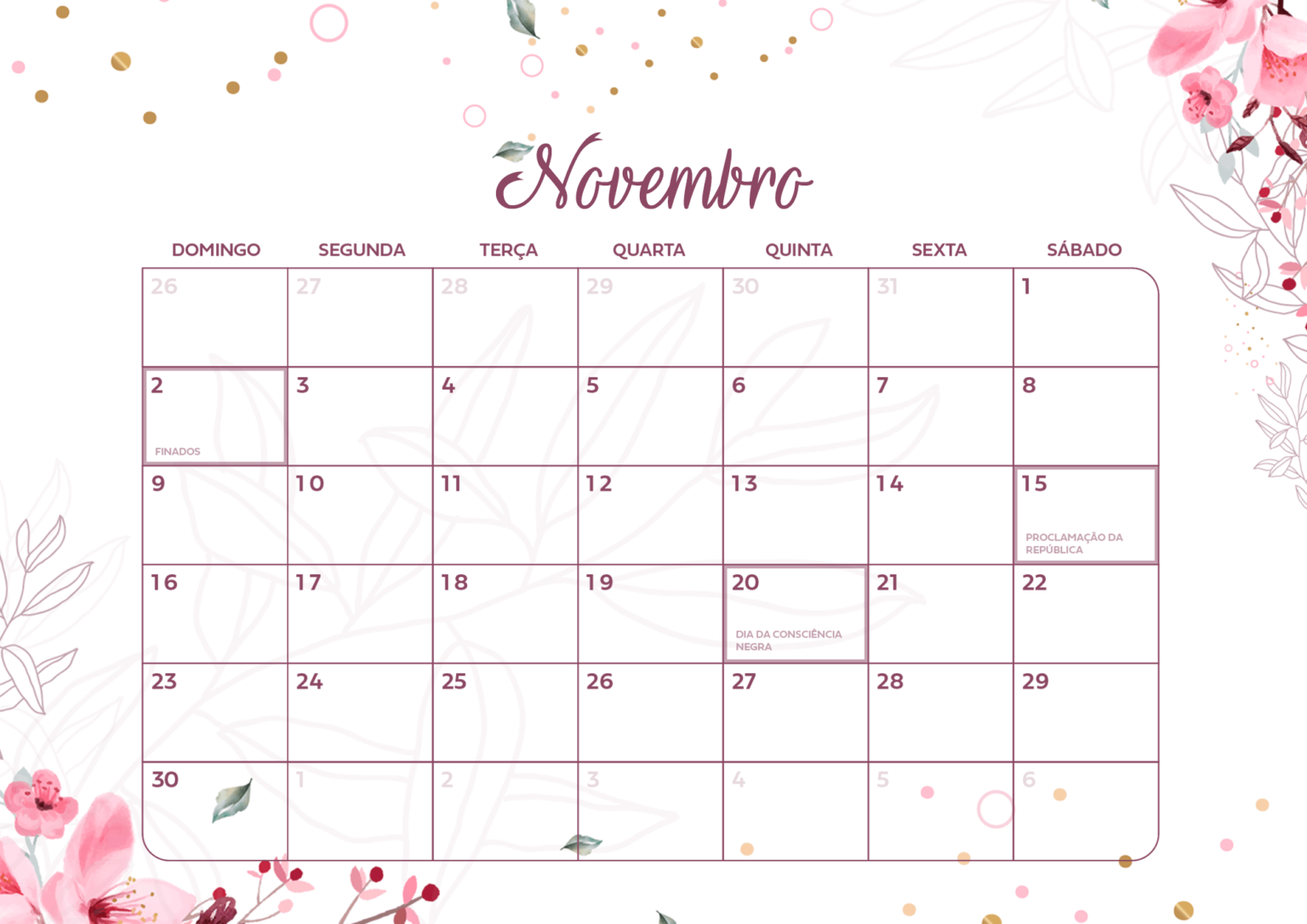 Calendario Mensal Novembro Fazendo A Nossa Festa