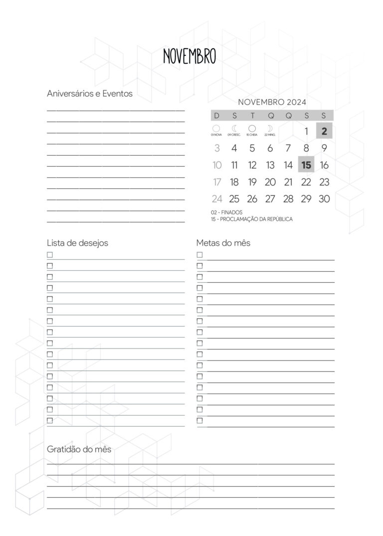 Agenda Novembro Planner Xadrez Cinza Minimalista Fazendo A Nossa Festa