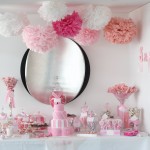 pink white wedding dessert candy buffet tissue paper pom poms